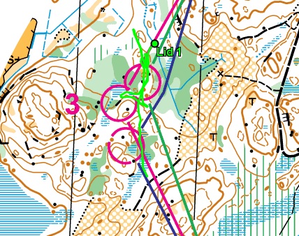 Dahlgrens jättebom, i GPS-sändningen från loppet. Den gröna svansen är fem minuter lång. Faksimil: Svenska orienteringsförbundet
